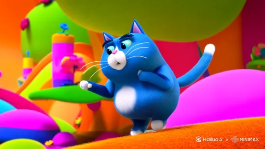 生生成一只蓝色的胖猫很生气的在说话，卡通画风 by Hailuo AI Video Generator