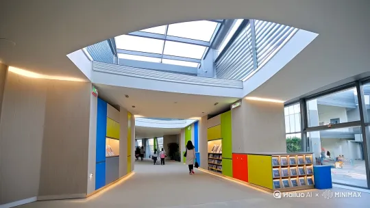 设计教育城过道效果图时，需兼顾功能性、互动性与美学，同时确保安全与舒适。以下是分步设计方案及效果图要点：

---

### **1. 整体风格与色调**
- **现代简约风**：采用流畅线条与几何造型，避免复杂装饰，营造整洁有序的空间感。
- **色彩搭配**：主色调为浅灰、米白，搭配亮色（如蓝、绿、黄）点缀功能区或墙面，增强视觉分区与活力。

---

### **2. 功能布局**
- **照明设计**：
  - **自然光**：顶部天窗或侧墙落地窗引入光线，搭配电动遮阳帘调节亮度。
  - **人工照明**：嵌入式LED筒灯提供基础照明，墙面灯带突出展示区域。
- **储物与展示**：
  - **内嵌式壁柜**：沿墙设置，柜门与墙面同色，保持整体感；局部开放格展示学生作品或书籍。
  - **移动展示架**：可旋转式展板，方便更新内容。
- **休息区**：
  - **靠窗长椅**：搭配软垫和USB充电口，下方设计储物抽屉。
  - **圆形互动吧台**：中央设触控屏，支持多人查询课程信息或小组讨论。

---

### **3. 互动与科技元素**
- **可书写墙面**：
  - 磁性白板漆覆盖部分墙面，搭配彩色磁贴固定学生笔记或艺术作品。
  - 透明玻璃隔断安装AR投影装置，展示动态学科知识（如星空、分子结构）。
- **智能交互屏**：
  - 墙面嵌入式屏幕，集成课程表、活动通知，支持手势操作查询地图。
  - 地面投影游戏区（如跳格子数学题），课间激活使用。

---

### **4. 安全与无障碍设计**
- **防滑地面**：哑光防滑地胶，分区拼色（如蓝色代表学习区、绿色为休息区）。
- **圆角处理**：所有家具、护栏边缘采用圆弧设计，材质为软包或环保木质。
- **紧急通道**：红色荧光标识引导路线，消防设备隐藏于装饰面板后，紧急时一键开启。

---

### **5. 自然生态融入**
- **垂直绿植墙**：耐阴植物（如蕨类、绿萝）搭配自动滴灌系统，墙面嵌入温湿度传感器。
- **自然材质**：木质长椅、麻质地毯、石材纹理墙贴，呼应自然主题。

---

### **6. 效果图呈现要点**
- **视角**：展示入口至转角的全景，突出天窗光线与绿植墙的纵深感。
- **细节特写**：学生使用电子屏查询信息、小组在吧台讨论、墙面涂鸦创作场景。
- **昼夜对比**：白天自然光充沛，夜晚暖光灯带营造温馨氛围。

---

### **7. 材料与技术清单** by Hailuo AI Video Generator