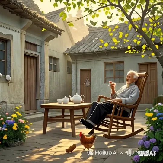 老人躺在摇椅上，慢慢的摇啊摇，树叶飘落，微风轻吹显得很孤独 by Hailuo AI Video Generator