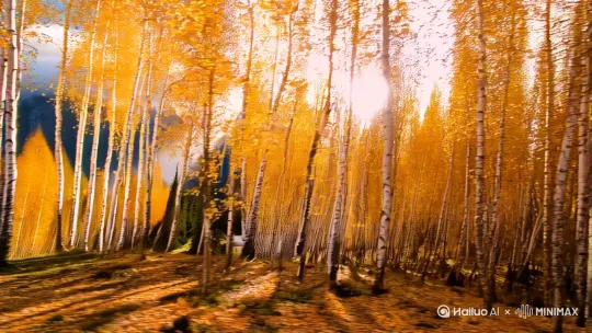 电影级宽画幅镜头拍摄，长白山秋日岳桦林全景，金色与琥珀色交织的桦树林海，树冠在风中如波浪翻涌。前景蜿蜒的泥土小径洒满扇形落叶，中景白桦树干布满神秘斑纹，林间飘荡着晨雾光晕。背景雪山群峰嶙峋如刃，峰顶积雪与钴蓝色冰川相辉映。天幕布满体积感强烈的积云云瀑，阳光从云隙间投射出丁达尔光柱。低角度侧逆光拍摄，哈苏自然色彩模式，85mm焦段营造空间压缩感，画面整体呈现《燃情岁月》式史诗感色调，加入适度的动态模糊与浅景深效果"**

关键要素强化：
1. 白桦林质感 - 刻意强调树皮斑驳的肌理与半透明秋叶的透光效果
2. 光影设计 - 采用清晨低角度光线，制造长影投射与雾霭光效
3. 色彩层次 - 金橙色主调中保留针叶林的深绿点缀，雪山冷调平衡暖色
4. 电影化构图 - 小径形成的引导线直指主峰，云层动势与山脉走向形成对角线张力
5. 氛围元素 - 添加飘落的单枚枫叶动态，远处若隐若现的登山者剪影

建议后期可适当加强HDR效果突出云层体积，并添加1.85:1的宽银幕遮幅增强电影感。[左移,上升] by Hailuo AI Video Generator