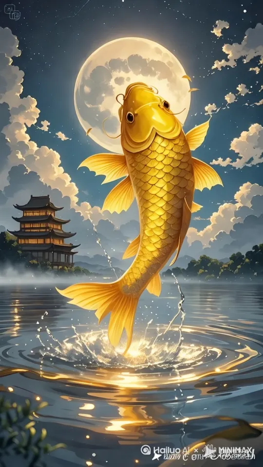 固定镜头：锦鲤从水里奋力跃出，头部正好与月亮重叠，又落回到水面，溅起一个大圆水花，锦鲤又消失不见了，连续的动作顺畅，自然，符合自然力学，不夸张，合理。 by Hailuo AI Video Generator