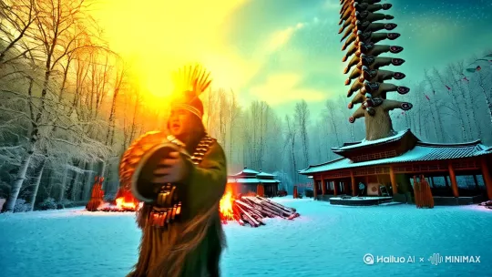 满族萨满祭祀大典，萨满风情园全景，黄昏金色光线，手持神鼓的萨满巫师舞动，传统鱼皮神衣缀满铜铃，九层神树图腾柱高耸入云，桦皮经幡随风飘动，篝火映红雪原，雾凇林环绕木构院落，高清8k电影画质，广角镜头低角度拍摄，史诗级光影，冷蓝调雪景与暖金色火光的戏剧性对比，历史纪录片质感，神秘主义氛围，动态模糊的经幡与清晰巫师特写"

[左移,右摇,跟随]

📸 效果强化建议：
1. 镜头语言：采用16:9电影宽幅比例，建议添加"变形宽银幕镜头效果"增强史诗感
2. 色彩方案：使用"青橙色调分级"突出冷暖对比，添加"胶片颗粒质感"
3. 文化细节：可增加"鹰神旋舞纹饰"、"满文祈福符咒"等民族元素
4. 动态元素：建议添加"飘落的雪花轨迹"和"跳动的火焰粒子"增强画面动感 by Hailuo AI Video Generator