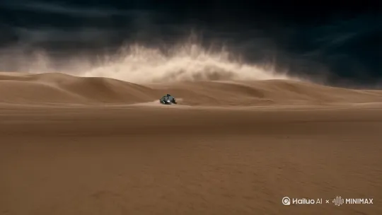 镜头开始全景展示沙暴突然袭来，镜头开始向沙暴中疾驰的一辆星际战车推进。镜头透过车窗聚焦到驾驶座位上勇猛男战士身上，男战士的脸颊在沙暴中显得愈发的威武。 by Hailuo AI Video Generator