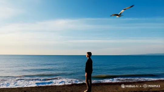 一个人站在海边看海鸟飞翔在蓝天白云下大海上的视频 by Hailuo AI Video Generator