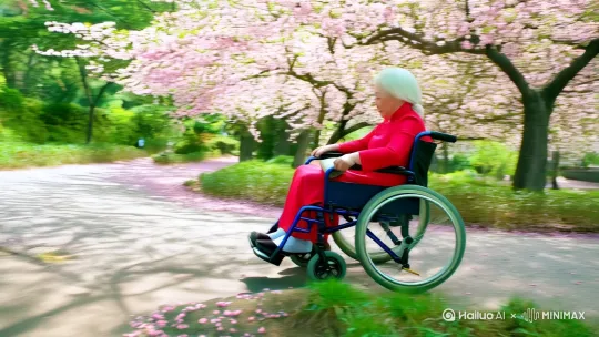 乛在公园里,桃花盛开的林间小径上,-个满头白发的老太坐在一个无动力轮椅子上,靠两手推动轮子前进。她穿红色唐装,膝盖上盖一床小毛毯。有两个揹双肩书包的学生看刻老太上坡时很吃力,就主动上前帮助推车。两个学生一男一女。按这描述生成一分钟视频並配音。 by Hailuo AI Video Generator