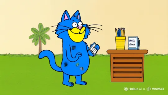 一只蓝色的猫在讲课，风格为卡通 by Hailuo AI Video Generator