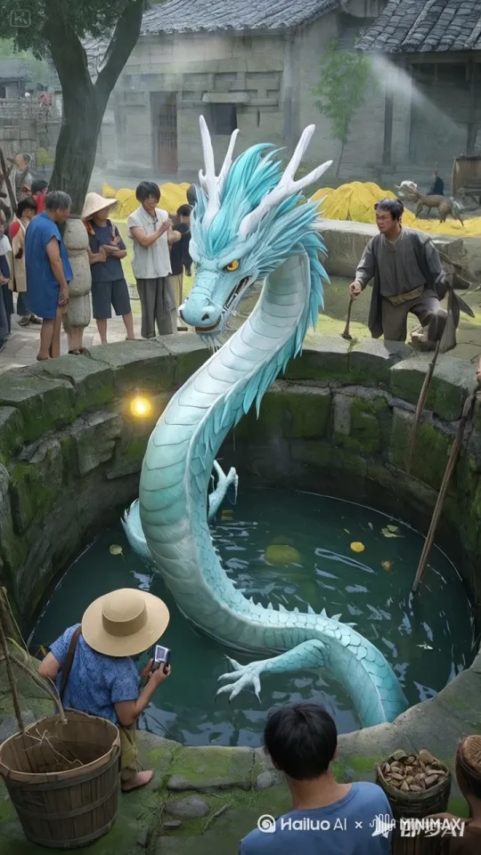 镜头固定，巨龙钻入井水中，水花四溅，人物动起来 by Hailuo AI Video Generator