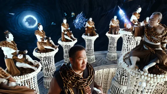 神话场景,闻仲第三只眼被雷劫击碎瞬间,超现实风格,十二座白骨封神台呈环形排列,每座顶端坐着不同形态的姜子牙,最古老者身缠青铜色昆仑锁链,手握发光的打神鞭正在钉入通天教主脊柱,归墟海眼呈现漩涡状深渊,破碎的水晶瞳孔倒映出白骨建筑群,暗黑神话色彩,8K分辨率,强烈光影对比,骨骼材质纹理清晰,水晶碎片悬浮在空中带有电流特效,复杂构图保留叙事空间 by Hailuo AI Video Generator
