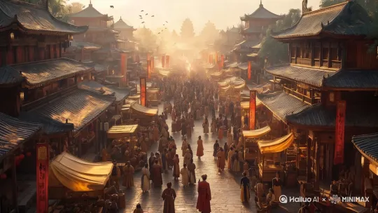 鸟瞰视角，明代庙会赤陶红裂纹青石长街，人流涌动，热闹非凡。鸟的飞舞幅度小，占比小。色调：赤陶红/砂岩灰/雾霭白，8K风化肌理，自然光。 [左移,拉远] by Hailuo AI Video Generator
