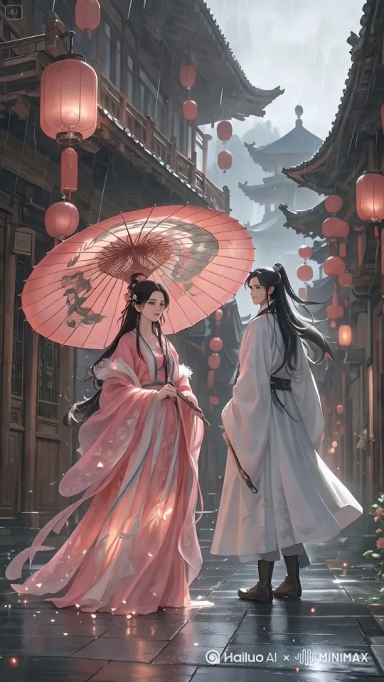 美女走向男子，两人一起撑着雨伞。周围细雨朦朦，可以看到明显的雨点。 by Hailuo AI Video Generator