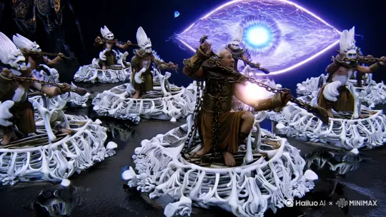 神话场景，闻仲第三只眼被雷劫击碎瞬间，超现实风格，十二座白骨封神台呈环形排列，每座顶端坐着不同形态的姜子牙，最古老者身缠青铜色昆仑锁链，手握发光的打神鞭正在钉入通天教主脊柱，归墟海眼呈现漩涡状深渊，破碎的水晶瞳孔倒映出白骨建筑群，暗黑神话色彩，8K分辨率，强烈光影对比，骨骼材质纹理清晰，水晶碎片悬浮在空中带有电流特效，复杂构图保留叙事空间[右移,左摇,跟随] by Hailuo AI Video Generator
