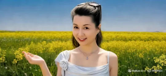 油菜花田，蓝天白云， 在无边的油菜花田中，美女缓缓转身，回眸一笑。同时双手比心动作，她的笑容如同花海中的一抹亮色，瞬间点亮了整个画面。阳光、花香、微风，一切都为她的美丽而存在。 by Hailuo AI Video Generator