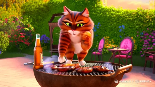 大花猫学人做着热喷喷的烧烤，呵着啤酒，跳起舞。 by Hailuo AI Video Generator