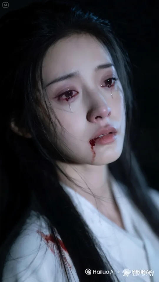 [固定镜头]悬疑惊悚风格的电影片段，特写镜头聚焦于一位女性，她拥有乌黑瀑布般的长直发，穿着一件被血迹斑驳的白色衣物，增添了几分神秘与不安。背景沉浸在深邃的黑暗中，仅有的微弱光线勾勒出她凄美的轮廓。她的眼睑轻阖，眼角滑落晶莹的泪珠，脸颊上的泪痕与血迹交织，诉说着不为人知的故事。镜头捕捉到她眨眼瞬间，泪水悄然滑落，发丝随风轻扬，营造出一种动态的静谧。近景特写，低照度环境下细腻刻画人物情绪波动。 by Hailuo AI Video Generator