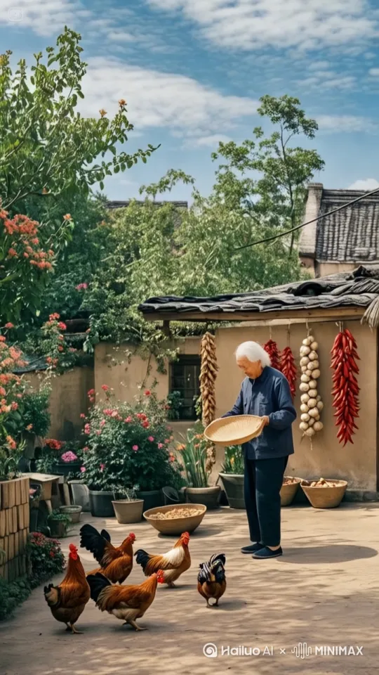 老奶奶在喂鸡，突然，她扔掉簸箕，然后飞身上房，身体轻飘飘，连续蹦了好几个高度，最后落下来。 by Hailuo AI Video Generator