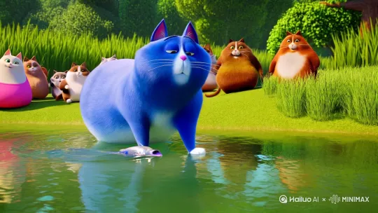 蓝色的胖猫在田里捉鱼 被其他胖猫嘲讽 by Hailuo AI Video Generator