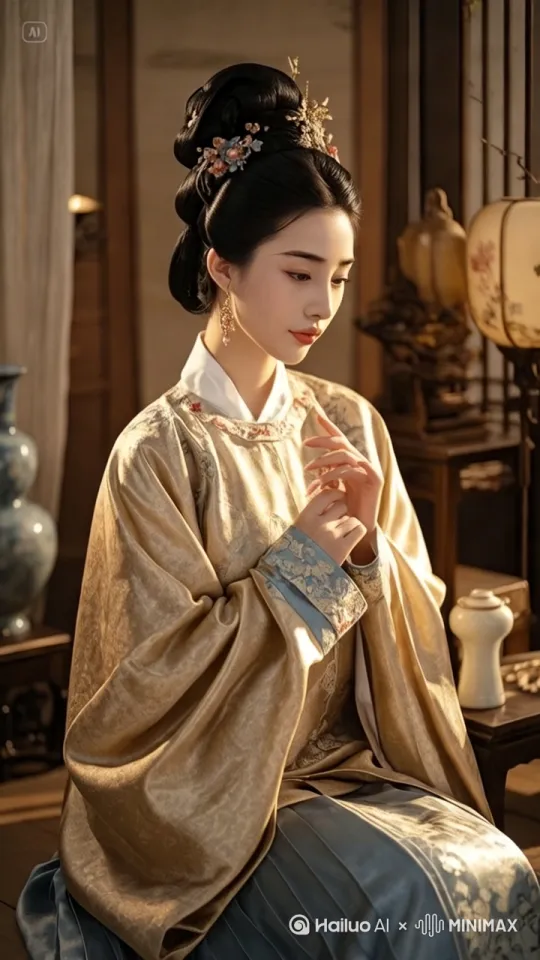 汉服美女坐着[左移,推进,右摇]汉服美女微笑地看着镜头[变焦推进] by Hailuo AI Video Generator