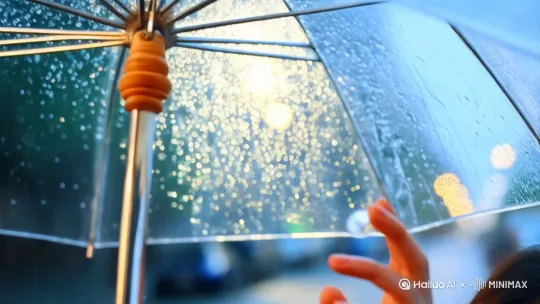 拍摄景别：特写
人物景别：手部特写
视角：正前方视角
构图：中心构图
核心主体：白皙的手指轻搭在透明伞骨上，晶莹水珠沿着伞骨缓缓滚落
情绪动作：手指微微弯曲，当水珠滚落至指尖时，轻轻触碰，水珠在指尖短暂停留，似与手指眷恋不舍
环境场景：伞面呈现出朦胧的色泽，背景虚化处理，隐约可见被雨水模糊的城市街景轮廓，街道上的灯光透过雨水折射出五彩光晕
艺术风格：细腻写实结合梦幻光影效果
氛围光线：柔和的侧光从画面左侧打过来，照亮水珠与手指，在右侧形成淡淡的阴影，突出立体感
色调：以透明水珠的清澈色为主调，融入背景虚化街景的朦胧冷蓝色调与灯光折射出的暖彩色调，相互交融
运镜语言：使用稳定的微距镜头，从伞骨顶端水珠开始出现时缓慢向下推进，聚焦在手指与水珠接触的瞬间 by Hailuo AI Video Generator