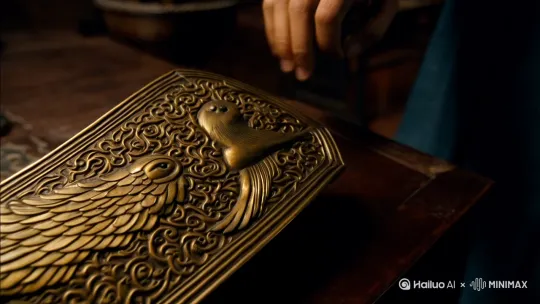 姬发抚摸剑鞘上的玄鸟纹时，青铜突然活过来啄食他的指尖。八百诸侯的盟书在案头自行翻动，被方天画戟挑在旗杆上，在黄河冰面被战车碾碎，甚至被自己的鱼肠剑贯穿于龙德殿。[推进,上升] by Hailuo AI Video Generator