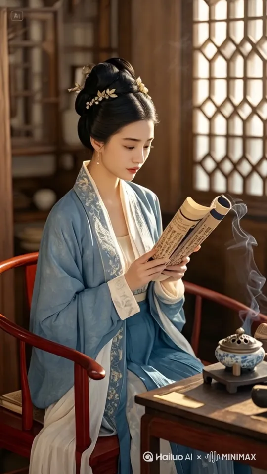 汉服美女坐着看书[左移,推进,右摇]，汉服美女微笑地看着镜头[变焦推进] by Hailuo AI Video Generator