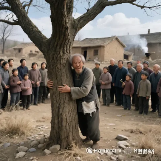老人双手如铁钳般死死抱住树干，双腿扎马步发力，浑身肌肉如小山般隆起，伴随着一声震天怒吼，竟将大树连根拔起，树根带着巨石和泥土冲天而起。周围众人见状，瞬间如被点燃的鞭炮，欢呼声响彻云霄，疯狂跳跃、扭动身躯，好似陷入癫狂庆典。镜头跟随，动态画面 by Hailuo AI Video Generator