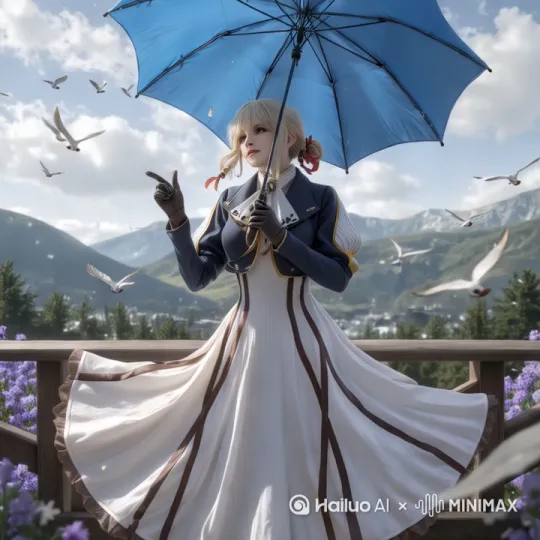 头头发飘动，衣服飘动，鸟儿飞舞[变焦拉远,上升,拉远] by Hailuo AI Video Generator