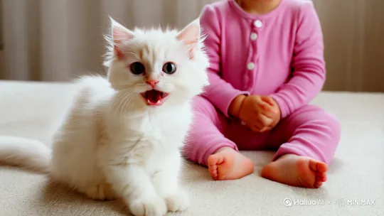 画面中，一只毛发蓬松的白色的小猫睁着圆溜溜的大眼睛，嘴巴大张，神态十分可爱。它坐一个穿着粉色连体衣的萌娃萌娃张着嘴巴开心地笑着，萌娃双手垂直，一明亮的大眼睛透着纯真与喜悦 的旁边。小猫拍拍手，小萌娃也拍拍手，整体画面色彩柔和，氛围温馨可爱，传递出一种萌趣且治愈的感觉。 by Hailuo AI Video Generator
