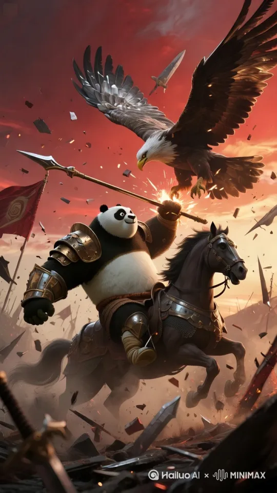 场景描述：夕阳战场橙紫色云层剧烈翻涌，地面裂痕伴随能量波纹持续蔓延，破碎战旗在冲击波中飘扬。主体描述：金甲发光的拟人化熊猫巨人挥舞巨型关刀（金属粒子拖尾），火焰鬃毛战马腾空嘶鸣，老鹰巨人俯冲时羽毛散落空气扭曲，熊猫士兵方阵呈冲锋模糊残影。动作描述：关刀慢动作劈砍触发粒子火花，战马前蹄爆出火星轨迹，老鹰俯冲引发地面实时破碎，士兵冲锋旗帜插入「封禁令」燃烧标题。视觉风格：东方水墨笔触融合金属反光特效，血月升空转场时橙紫渐变覆盖战场。氛围：史诗级战斗张力伴随盔甲碰撞轰鸣，胜利时刻能量波纹同步水墨残影消散。技术细节：X轴15°/帧旋转运镜配合Lv3镜头震动，加载「史诗战场」模板实现尘土粒子物理模拟，决胜画面慢镜回放冲击波扩散，血月转场后金属标题燃烧显现。[左移,右摇,跟随] by Hailuo AI Video Generator