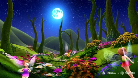 在如梦如幻的深林之中 明月高挂星光灿烂辉煌的夜空下 有高大蓬勃的树木 有各色各样的鲜花 有青色翠绿的草坪藤蔓 有蜿蜒起伏山脉溪流 也有 拇指版大小 背生五彩双翼的小精灵在戏水 在踩花 摘果 玩闹 by Hailuo AI Video Generator