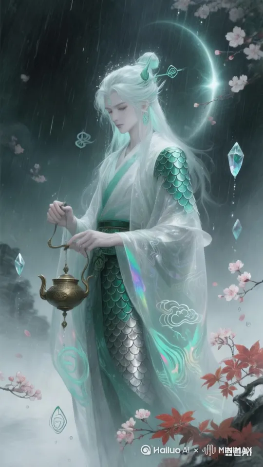 (dynamic movement:1.4), (flowing rain curtain with trailing droplets:1.3), 
# 水体动态
liquid physics simulation, cascading water with fractal patterns, suspended water spheres containing seasonal landscapes, 
# 能量轨迹
swirling aurora energy around hands, magical particle effects showing growth sketches in raindrops, 
# 时空交织
morphing seasonal transitions (spring cherry petals transforming into autumn maple leaves), 
# 法器激活
glowing energy pulses from bronze rain vessel, crystalline arrows emitting tidal wave holograms, 
# 环境互动
ripples distorting celestial reflections, wind-blown hanfu with liquid silk dynamics, 
# 超现实特效
temporal distortion around body, reverse rainfall towards sky, frozen water droplets revealing microcosmic worlds[上升] by Hailuo AI Video Generator