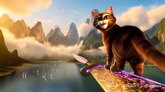 大花猫模仿人的姿势站立在仙剑上剑尖正前方，猫侧身回头一笑慢慢的飞越层层高山，越过大江湖泊，迎着朝阳飞去，仙剑要大，站姿潇洒，山川要有云彩遮挡有鸟儿飞过，大江湖泊也能看见鱼儿和仙鹤的身影，最后早晨的阳光要看起来漂亮，镜头先从猫到仙剑再山川壮丽。视频慢点播放。猫 by Hailuo AI Video Generator