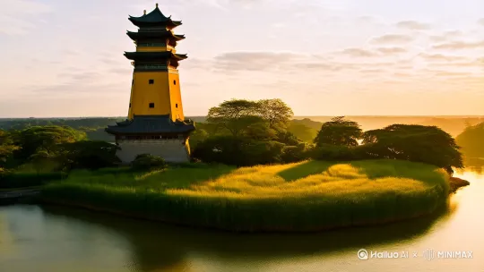 黄鹤楼
[唐代]崔颢
昔人已乘黄鹤去，此地空余黄鹤楼。
黄鹤一去不复返，白云千载空悠悠。
晴川历历汉阳树，芳草萋萋鹦鹉洲。
日暮乡关何处是?烟波江上使人愁。[推进,上升]
生成一组有森林黄昏时光的背景。 by Hailuo AI Video Generator