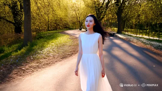 日午后，阳光透过斑驳的树叶，洒在公园蜿蜒的小径上。一位身着白色连衣裙的美女，正悠然地漫步其中。[左移]她的裙摆随风轻摇，如春日里纷飞的花瓣。[拉远]乌黑的长发柔顺地垂落在她的肩头，偶尔几缕发丝调皮地拂过她白皙的脸颊，[上升]她抬手轻轻将其别到耳后，动作优雅而自然。
 
她的眼眸明亮而清澈，似藏着一汪[左摇,变焦推进]清泉，好奇又欣喜地打量着周围的一切。路边绽放的花朵吸引了她的目光，她微微俯身，[变焦推进]轻嗅着花香，嘴角不自觉地上扬，露出一抹甜美的微笑，那笑容如同春日暖阳，瞬间点亮了整个画面 。
 
微风拂过，[左摇][右摇]带来湖水的清新气息，混合着泥土与青草的芬芳。她深吸一口气，缓缓闭上眼睛，[右摇,变焦推进]享受着这片刻的宁静与美好。脚步不紧不慢，轻盈得如同林间的小鹿，每一步都似与自然共舞。[推出,上升,下摇]路过湖边时，她停下脚步，看着水中倒映的自己和摇曳的垂柳，眼神中满是温柔与沉醉，仿佛时间都在这一刻静止。[左摇,左移] by Hailuo AI Video Generator