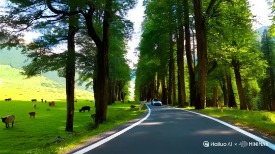 汽汽车行在山上小路上，周围树林生长很高大，有不少动物在食草 by Hailuo AI Video Generator