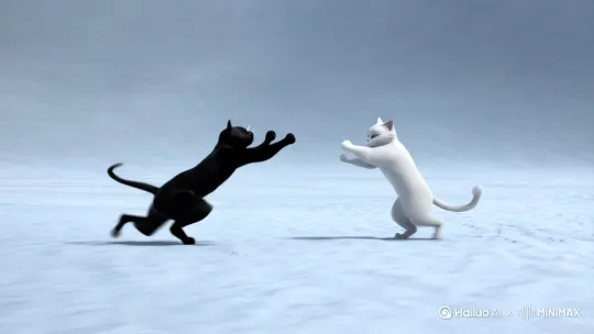 在这冰天雪地的世界里，一片洁白中，一只黑猫和一只白猫正展开一场惊心动魄的中国功夫对决。
黑猫身形一闪，犹如一道黑色的闪电，率先发起凌厉攻击，它的拳头带着呼呼风声，如流星般直击白猫头部。白猫却毫不慌乱，只见它腰肢一扭，身形迅速侧身闪躲，动作行云流水，恰到好处地避开了黑猫的猛击。紧接着，白猫顺势挥出一拳，这一拳刚猛有力，拳风呼啸而出，带起四周纷纷扬扬的雪花，形成一道美丽的雪雾。
黑猫眼见攻击落空，丝毫没有迟疑，它瞅准时机，后腿猛地发力，抬腿猛踢向白猫腹部。那踢出的腿仿佛蕴含着千钧之力，划破冰冷的空气。
两只猫的动作衔接紧密，节奏分明，一招一式都充满了力量感。它们在雪地中腾挪跳跃，每一次的出击都精准而迅猛，每一次的防守都巧妙而灵活。雪花在它们的拳风腿影中飞舞，仿佛也被这精彩的对决所震撼。
它们的身姿矫健，动作凌厉，将中国功夫的独特魅力展现得淋漓尽致。在这寒冷的冰天雪地中，这场猫之间的功夫对决，成为了最引人注目的风景。 by Hailuo AI Video Generator