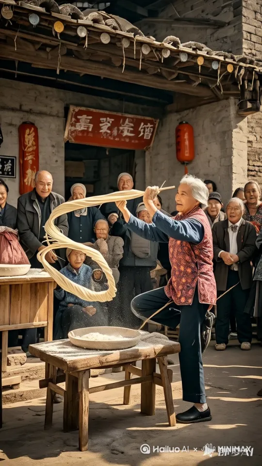 在一个中国农村拉面馆门口,有一个摊位,老奶奶正在摊位砧板上和面。周围有很多人围观,只见老奶奶宛如功夫高手降临。只见老奶奶猛地高高跃起拿着面团进行托马斯回旋,同时双手如闪电般抓起面团在空中急速翻转,同时双臂用力向两边拉面,面团瞬间一根一根在空中随着老奶奶旋转而翻滚跳跃。接着,老奶奶一个金鸡独立,单腿稳稳支撑,另一条腿高高抬起,手中面条左右开弓带起呼呼风另一条腿高高抬起,手中面条左右开弓带起呼呼风声。周围围满了前来观看的村民,男女老少都瞪大了眼睛,满脸惊叹,有的张大嘴巴,有的不禁拍手叫好。 by Hailuo AI Video Generator