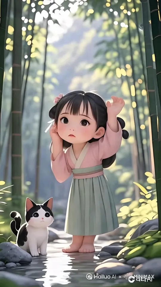 Q 版古风女孩站在山林小径上，微微歪头，侧耳倾听，右手举起伸向耳旁，眨眨眼，脸上露出疑惑又专注的神情。小猫也竖起耳朵，警觉又好奇地张望。周围的树木、花草在微风中轻轻摇曳。脚下是铺满石子的小溪，小溪有泉水流过，画面比例 9:16 by Hailuo AI Video Generator