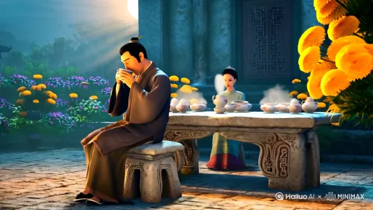根据这首诗的意境，制作一个视频可以按照以下步骤和元素进行构思，以确保视频能够传达出诗中宁静、悠远和略带怀旧的情感。以下是一个详细的方案：

### 1. **场景设定**
   - **主要场景**：一个古色古香的庭院，庭院中有石桌、石凳，桌上摆放着陶制的茶具。
   - **背景**：庭院周围种植着各种花卉，尤其是菊花，以突出诗中“菊花芳”的意象。
   - **时间设定**：傍晚到夜晚，渐变的自然光效，从夕阳西下到月色朦胧。

### 2. **角色设定**
   - **主角**：一位身着传统中式服装的文人，坐在石凳上，手持陶盏（陶制茶杯），神情悠然。
   - **配角**：可以有一位侍女或朋友，在远处静静陪伴，不打扰主角的宁静。

### 3. **镜头运用**
   - **开场镜头**：从庭院上空缓缓下降，俯瞰整个场景，展示庭院的全貌和花卉的美丽。
   - **中景镜头**：聚焦在主角身上，展示他闲坐花前，手持陶盏，轻轻吹拂茶香。
   - **特写镜头**：陶盏中的茶水，茶叶在水中缓缓舒展，蒸汽袅袅升起，象征着诗中“茶香”的意象。
   - **远景镜头**：主角抬头遥望天边，镜头跟随他的视线，展示天边的星野和逐渐升起的月亮。
   - **切换镜头**：从主角的视角切换到近处的菊花，展示菊花的细节和芬芳。

### 4. **光影与色彩**
   - **自然光效**：利用夕阳的余晖和月色的朦胧，营造出一种宁静、悠远的氛围。
   - **色彩基调**：以柔和的暖色调为主，如淡黄、浅橙、淡紫，突出诗中“秋风轻拂心生静”的意境。
   - **光影变化**：随着时间的推移，光影逐渐变暗，月光洒在庭院中，增添一份神秘和宁静。

### 5. **音效与音乐**
   - **自然音效**：风声、鸟鸣、树叶沙沙作响，营造出自然的氛围。
   - **背景音乐**：选择古琴或箫等传统乐器演奏的乐曲，旋律悠扬而宁静，与诗的意境相契合。
   - **人声**：可以加入轻微的吟唱或低语，模拟主角内心的独白或清歌，增强诗的情感表达。

### 6. **动态元素**
   - **秋风**：通过树叶的摇曳和花瓣的飘落，表现秋风的轻拂。
   - **茶香**：通过蒸汽的袅袅上升，表现茶香的弥漫。
   - **星野**：通过星星的闪烁和月亮的移动，表现天边的星野和月色的变化。

### 7. **结尾处理**
   - **镜头拉远**：从主角身上逐渐拉远，展示整个庭院的宁静和美丽，最后定格在庭院的全景。
   - **字幕**：在结尾处添加诗句的文字，配以柔和的背景音乐，让观众在视觉和听觉的双重享受中回味诗的意境。

### 8. **视频时长**
   - 整个视频的时长可以控制在3到5分钟之间，以保持观众的注意力和情感投入。

通过以上元素的组合和运用，可以制作出一个充满诗意和情感的视频，充分展现原诗的意境和情感。 by Hailuo AI Video Generator