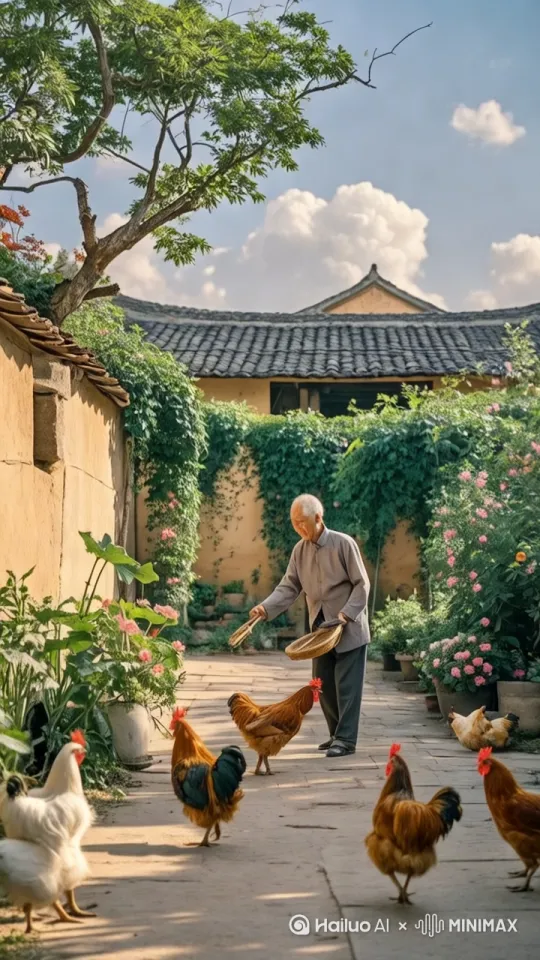 老爷爷在喂鸡，突然，她扔掉簸箕，然后飞身上房，身体轻飘飘，连续蹦了好几个高度，最后落下来。 by Hailuo AI Video Generator