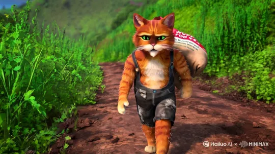 一只拟人化浑身金色毛发的猫咪，它的毛被汗水打湿，一绺一绺的，身上穿着已经破烂了的工作服，肩上扛着一袋子猫粮，右手擦着汗，在泥泞不堪路上走着，路边杂草丛生，要求动作连贯逼真，电影质感，高清8k by Hailuo AI Video Generator