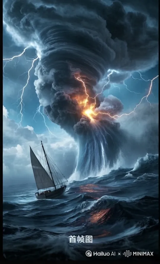镜头以全景拍摄，光线强烈而震撼，画面是8K高清画质，灾难风格，有着细腻渲染和惊险渲染的效果。一片狂风肆虐的海面，巨大的龙卷风席卷而来，其旋转的风柱气势磅礴。天空中闪电交错，照亮了黑暗的天际。在波涛汹涌的海面上，一艘小船在狂风巨浪中艰难地前行，仿佛随时都会被吞噬。龙卷风的内部呈现出混乱的气流和漩涡，闪电的光芒在其中闪烁。小船的船身剧烈摇晃，船帆被狂风撕扯。光线从闪电和龙卷风中射出，在海面上形成强烈的光影对比。画面色彩以深沉的蓝色、耀眼的白色和恐怖的黑色为主调，营造出紧张恐怖的氛围。以三分法构图，突出龙卷风、闪电和小船在恶劣环境中的挣扎与危险。 by Hailuo AI Video Generator