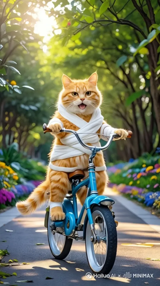 一只拟人化的橘猫开心地骑着自行车，沿着马路快速向前骑，镜头跟随。自然过渡，自然流畅。 by Hailuo AI Video Generator