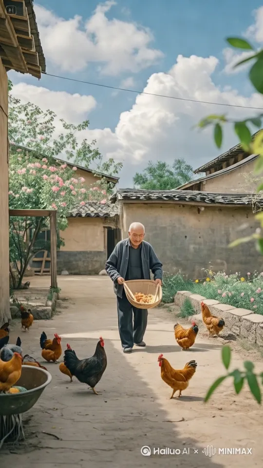 老爷爷在喂鸡，突然，她扔掉簸箕，然后飞身上房，飞得很高，飞上了屋顶，连续蹦了好几个高度，最后落下来。 by Hailuo AI Video Generator