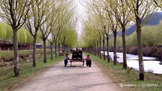 20世纪八十年代，春节刚过，村西头通往李庙集的东西大道两旁杨树林立，杨树吐出嫩嫩的芽，路南边的小河里的水淡淡的化开，静静的躺着，好像似醒未醒。看路上人烟稀少，两个男孩，大约5岁左右，穿着新衣服，一个瘦瘦的在前面双手努力拉着前面带把的双轮木地板车，一个胖胖的在侧面往前帮助推着；车上坐着两位银发小脚瘦弱的老太太，外穿着黑灰色的新衣服，他们欢快说笑着，高兴的去赶集看戏。 by Hailuo AI Video Generator
