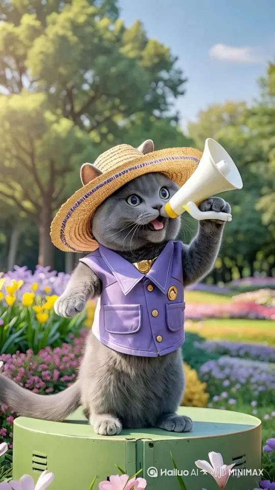 一只拟人化的橘猫拿着喇叭在喊，嘴巴一张一合。自然过渡，自然流畅。 by Hailuo AI Video Generator