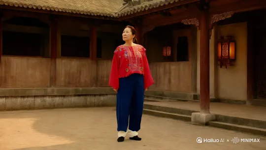 视频内容：在中国南方一座韵味悠长的城镇中，有一处古色古香且开阔的院子。一位身着红色绣花上衣，搭配蓝色长裤，脚蹬白色布袜与黑色布鞋的半老徐娘立于院中。她梳着利落的马尾辫，面容靓丽而潇洒。只见她抬头凝望高高的屋檐，而后身姿矫健，纵身一跃便轻巧地登上了瓦房屋顶。紧接着，一连串精彩绝伦的动作上演，后空翻、侧手翻、前空翻一气呵成，她仿若灵动的飞燕，在相邻的屋顶间轻盈地奔跑跳跃，将中华武术的魅力展现得淋漓尽致。
镜头：以全景镜头起势，展现整个南方城镇古院的风貌，随后切换至中景，聚焦半老徐娘的姿态神情。在她起跳及空中动作时，运用特写镜头捕捉其肢体细节与自信神态。当她在屋顶间穿梭时，使用远景镜头呈现其灵动身姿与周边古朴建筑相融合的画面。
光线：以暖黄色的自然光线为主，营造出温馨、祥和且富有古韵的氛围。借助侧逆光，勾勒出人物在屋顶跳跃时的轮廓，画面比例9：16 by Hailuo AI Video Generator