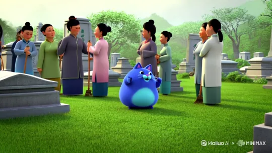 一只蓝色的肚子圆圆的，卡通形象的胖猫，后面有一群人在上坟祭祖中国式的，站在旁边露出可爱的笑脸挥舞着小手做介绍。 by Hailuo AI Video Generator