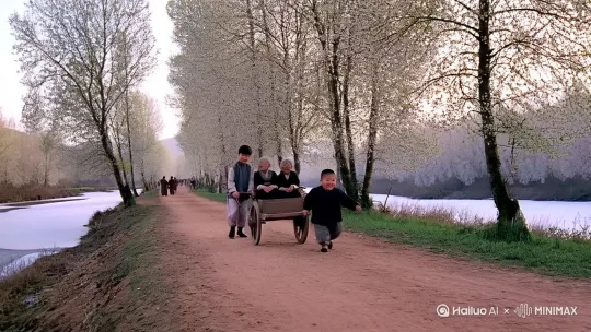 20世纪八十年代，春节刚过，村西头通往李庙集的东西土路两旁杨树林立，杨树吐出嫩嫩的芽，路南边的小河里的水淡淡的化开，静静的躺着，好像似醒未醒。看路上人烟稀少，两个男孩，大约5岁左右，穿着新衣服，一个瘦瘦的在前面双手努力拉着前面带把的双轮木地板车，另一个胖胖的在侧面往前帮助推着；车上坐着两位银发小脚瘦弱的老太太，外穿着黑灰色的新衣服，他们欢快说笑着，高兴的去赶集看戏。 by Hailuo AI Video Generator