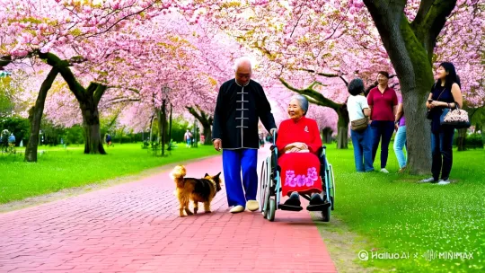 在桃花盛开的公园里一位中国老头推着一个轮椅，椅子上坐着他的老妻子。老头穿黑色万福字对襟唐装，兰色直裤子平底布鞋。轮椅子上坐着的老妇人穿红色万福字对襟唐装，一条兰花小绒毯盖在她腿上。一只小花狗紧紧跟在他们后面。他们在红砖舖面的林间小道上慢慢前进，一边环视周围的桃花，一边在遊人中缓缓前进。周围遊人都看着这对幸福的老人。生成3分钟的老人遊园视频。 by Hailuo AI Video Generator