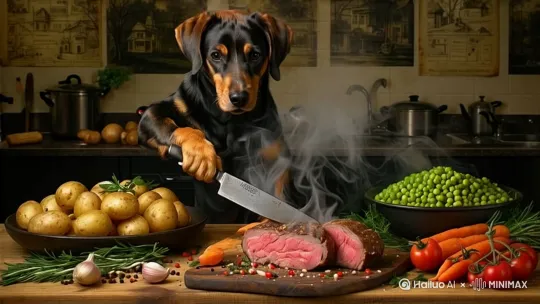 狗狗拿着刀正在切肉，动作要自然，特别是手里的刀，刀要切到肉里，肉也要很自然的裂开，它正准备做一顿丰富的晚餐。旁边还冒着热气。 by Hailuo AI Video Generator